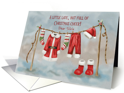 Customizable Belated Christmas with Santa�s Outfit on Clothesline card