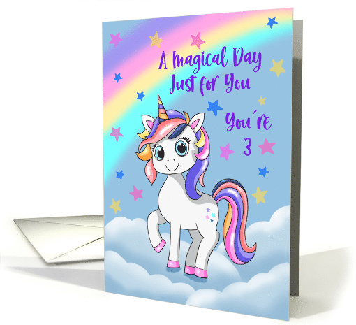 3rd Birthday Cute Unicorn with Rainbow Magical Day for You card