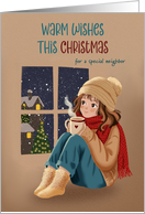 Neighbor Cozy Christmas Girl with Hot Cocoa card