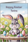 Happy Easter Twins Watercolor Rabbit Painting Eggs card