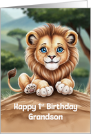 Grandson’s 1st Birthday Cute and Colorful Lion Artwork card