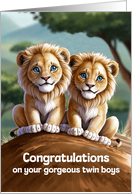 Twin Boys Congratulations Cute and Colorful Lion Artwork card
