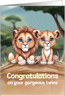 Twin Boy and Girl Congratulations Cute and Colorful Lion Artwork card