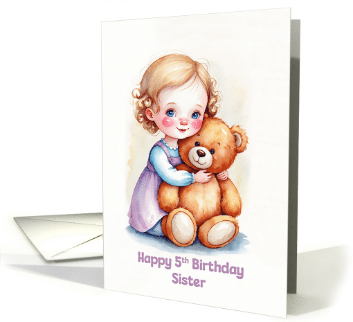 Sister's 5th Birthday Cute Girl Hugging Teddy Artwork card (1896748)