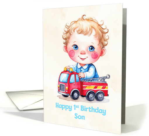 Son's 1st Birthday Cute Boy Playing With Firetruck Artwork card