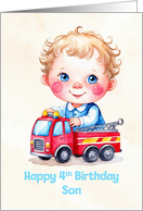 Son’s 4th Birthday Cute Boy Playing With Firetruck Artwork card