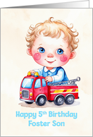 Foster Son’s 5th Birthday Cute Boy Playing With Firetruck Artwork card