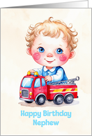 Nephew’s Birthday Cute Boy Playing With Firetruck Artwork card