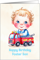 Foster Son’s Birthday Cute Boy Playing With Firetruck Artwork card