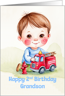 Grandson’s 2nd Birthday Cute Boy Playing With Firetruck Artwork card
