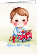 Happy Birthday Cute Boy Playing With Firetruck Artwork card