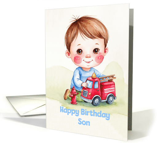 Son's Birthday Cute Boy Playing With Firetruck Artwork card (1898456)