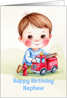 Nephew’s Birthday Cute Boy Playing With Firetruck Artwork card