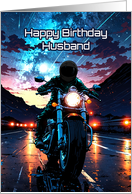 Husband’s Birthday Motorcycle Rider On Starry Night Road card