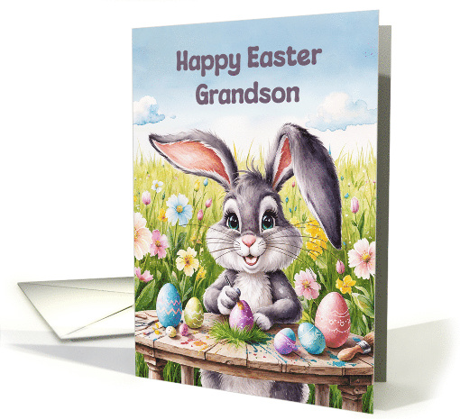 Happy Easter Grandson Watercolor Rabbit Painting Eggs card (1916962)