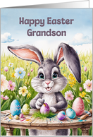 Happy Easter Grandson Watercolor Rabbit Painting Eggs card