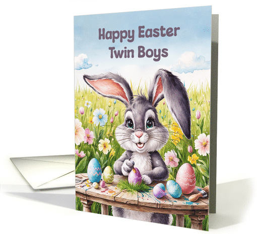 Happy Easter Twin Boys Watercolor Rabbit Painting Eggs card (1916984)