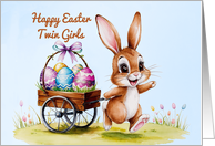 Happy Easter Twin Girls Watercolor Rabbit with Eggs card