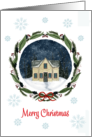 Snowy Cottage in a Holiday Wreath Christmas card
