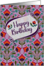 Happy Birthday with Purple Flourishes and Flowers card