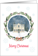 Snowy Cottage in a Holiday Wreath Christmas card