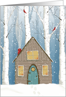 Christmas Snowy Cabin in Birch Forest with Cardinals card
