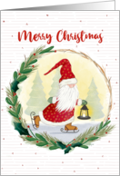 Skating Christmas Santa Gnome with Lantern card