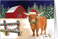 Christmas Highland Cow Card with Barn and Fence card