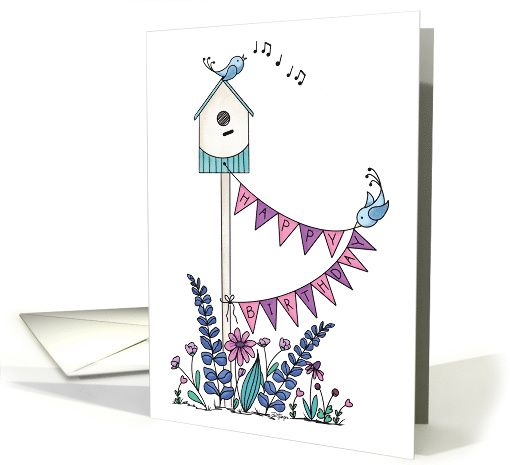 Happy Birthday Card with Birds, Birdhouse and Banner card (1912824)