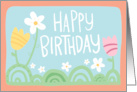 Happy Birthday Simple Doodle Tulips Daisies and Soft Colors card