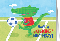 Boy Birthday Alligator Playing Soccer For Kids card