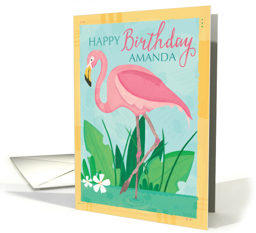 Customizable Happy Birthday Flamingo in Tropical Setting card