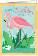 Customizable Happy Birthday Flamingo in Tropical Setting card