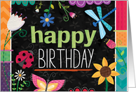 Happy Birthday Garden Flowers with Ladybug, Dragonfly and Butterfly card