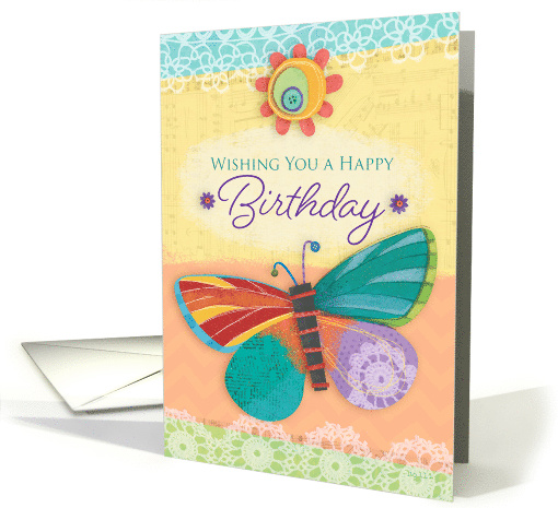 Happy Birthday Wishes with Colorful Collage Butterfly and Flower card