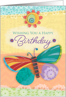 Happy Birthday Wishes with Colorful Collage Butterfly and Flower card