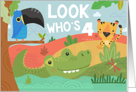 Customizable Birthday Age Jungle Safari with Tiger Macaw Crocodile card