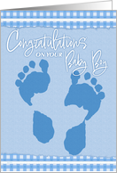 Baby Boy Congratulations Little Toes Footprint with Blue Heart Gingham card