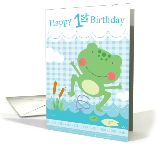 Happy 1st Birthday Boy Leaping Frog in Pond New Baby card (1906716)