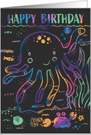 Happy Birthday Kids Under the Sea Rainbow Scratchboard Octopus card