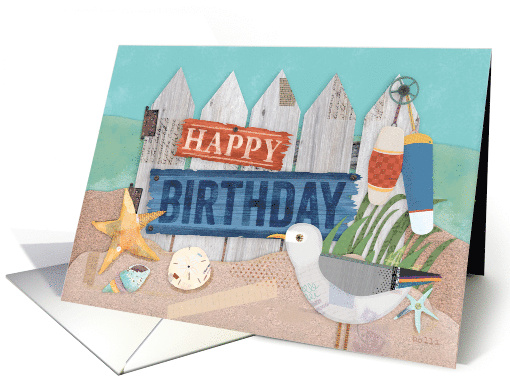 Happy Birthday Nautical Beach Theme with Seagull Starfish Collage card