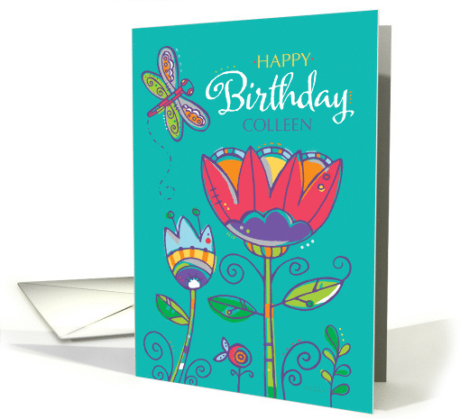 Customizable Happy Birthday Colorful Flowers and Dragonfly card