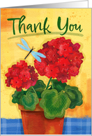 Thank You Red Geraniums in Flower Pot with Dragonfly card
