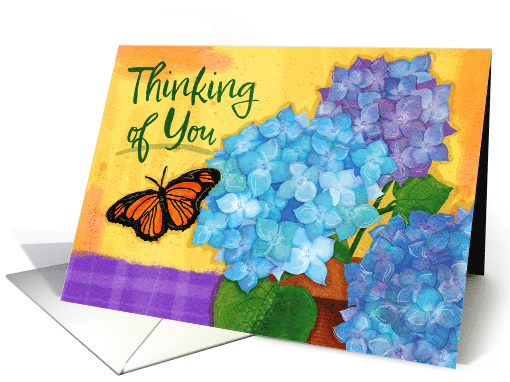 Thinking of You Blue and Purple Hydrangeas with Butterfly card