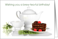 Birthday Tea with White Teapot, Teacup and Chocolate Cake card
