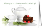 Birthday Tea with White Teapot, Teacup and Chocolate Cake card