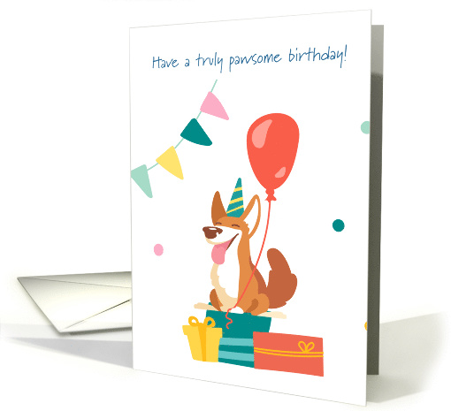Pawsome Birthday Dog with Party Hat and Balloon card (1906872)
