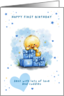 First Birthday Cute Yellow Chick with Blue Gifts card