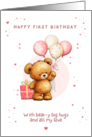 First Birthday Bear with Balloons for Girl Pink card