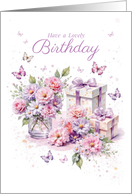 Elegant Floral Birthday with Butterflies and Gift Boxes card